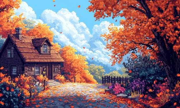 Nostálgico fondo de pantalla de arte de píxeles de otoño con elementos de juego retro