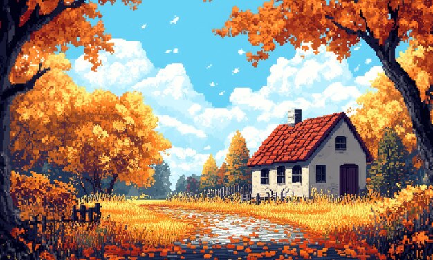 Nostálgico fondo de pantalla de arte de píxeles de otoño con elementos de juego retro