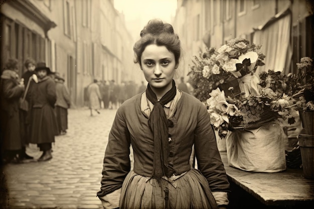 Foto nostalgie für das alte paris altes foto einer jungen schönen französischen frau mit blumen aus dem 18. jahrhundert