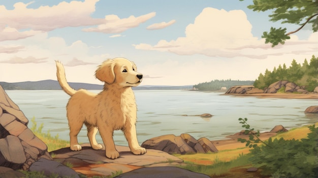 Nostalgische Kinder39s Buch Illustration Golden Retriever Welpe an den Ufern von Prince Edward Island