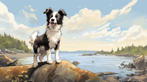 Nostalgische Kinder39s Buchillustration Border Collie Welpe an den Ufern von Quebec