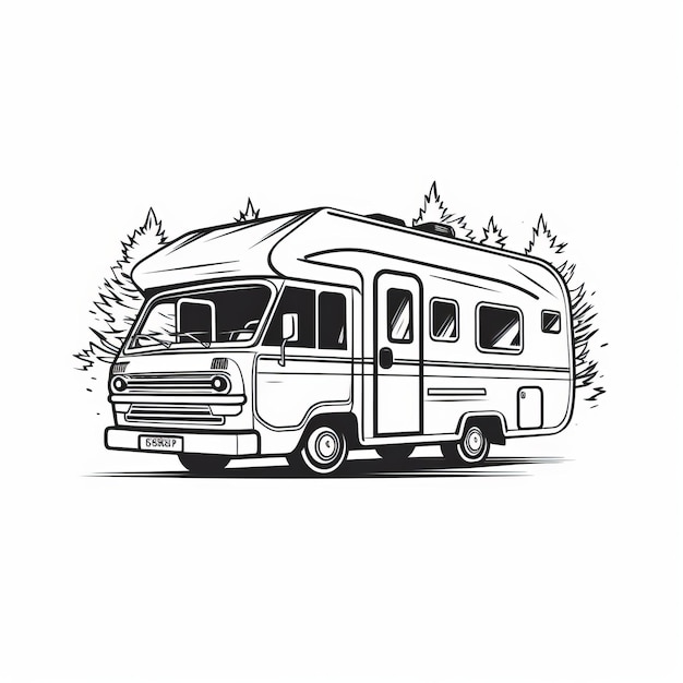 Nostalgische schwarz-weiße Camper-Illustration Rv Simple Line Art