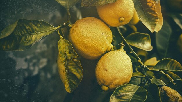 Nostalgische Zitrus-Zitronenschale in einem Vintage-Filter Ein Bündel Zitronen, die an einem Baum hängen