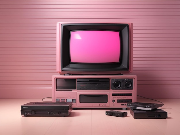 Nostalgisches Entertainment-Setup Kleiner Fernseher mit Videorecorder und alten VHS-Kassetten