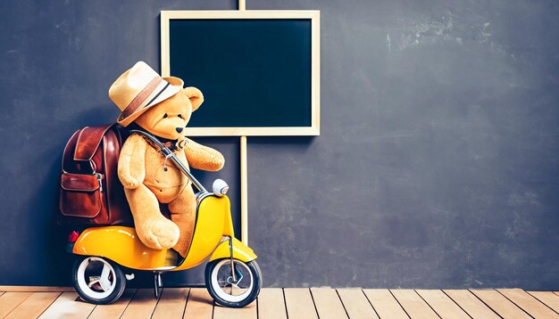 Nostalgisches Schuljungen-Abenteuer Retro-Teddy-Bären-Spielzeug und Vintage-Pedalscooter-Fang