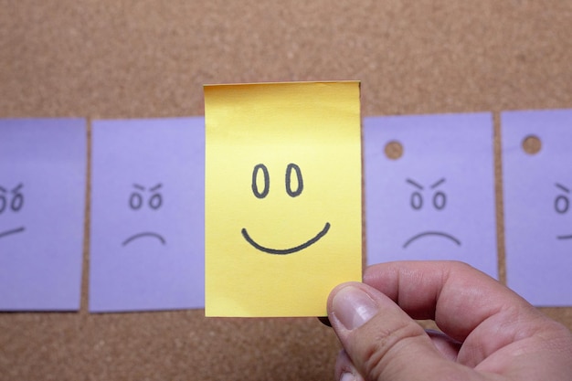 Una nota adhesiva amarilla con una cara feliz frente a una línea de notas púrpuras con caras enojadas