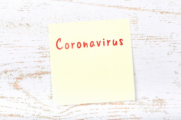 Nota adhesiva amarilla con recordatorio del peligro de coronavirus