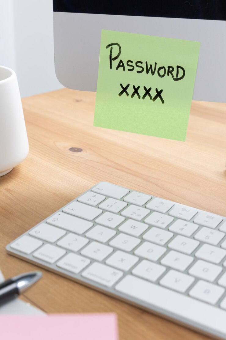 Foto nota adhesiva con credenciales de inicio de sesión en una pantalla de computadora que representa una vulnerabilidad de seguridad