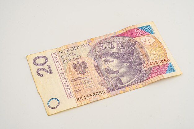 Nota de banco de 20 zloty poloneses Zloty é a moeda nacional da Polônia Zloty polonês Moeda oficial da Polônia em denominações Zlotych Macro Shot Banco da Polônia Narodowy Bank Polski