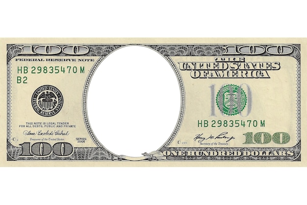Foto nota de cem dólares com um buraco em vez de um rosto