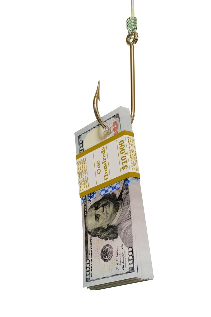 Foto nota de dólar em gancho de pesca isolado em fundo branco capturando investimento em dinheiro ganhando um conceito de loteria ilustração 3d