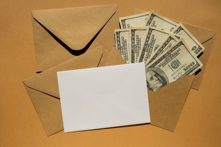 Foto nota de dólar poupança de dinheiro em envelope com fundo bege cópia consumo de espaço e economia