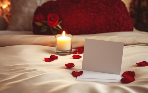 Foto nota em branco na cama romântica