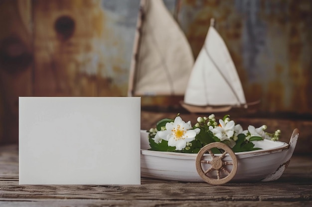 Foto nota em branco vazia com um barco de vela de madeira de brinquedo e um volante em fundo rústico