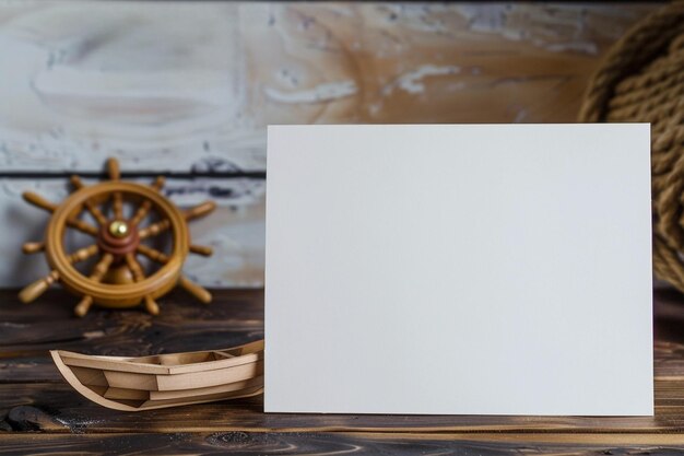 Foto nota em branco vazia com um barco de vela de madeira de brinquedo e um volante em fundo rústico