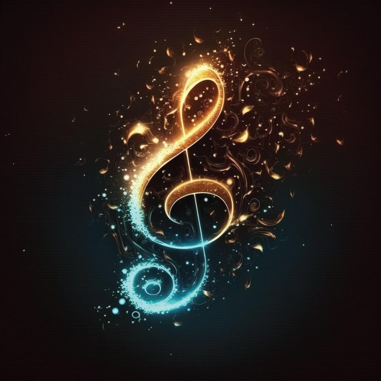 Una nota musical azul y naranja con una clave de sol dorada y azul.