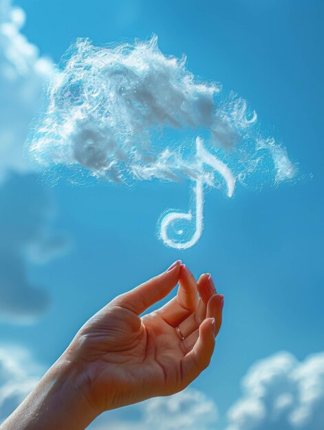 Una nota musical hecha de nubes contra el cielo en una mano femenina