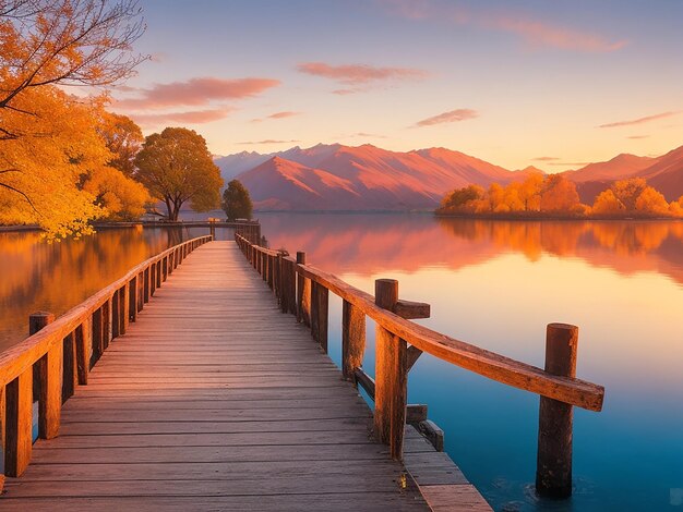 Notable paisaje del colorido lago Wanaka otoñal con el amanecer en la fresca mañana imagen ai