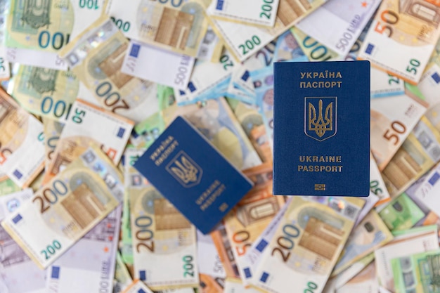Foto notas de banco polonês notas de zloty com moedas grosz com passaporte ucraniano
