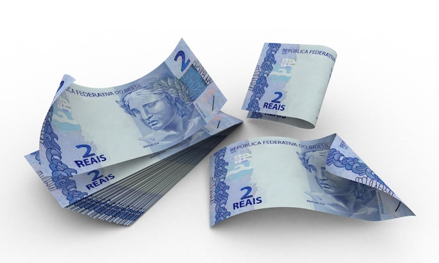 Notas de dinheiro 3d de 2 reais e 2 reais do brasil em fundo branco. Dinheiro do Brasil.