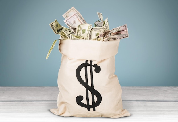 Notas de dólar em um saco cheio em fundo branco