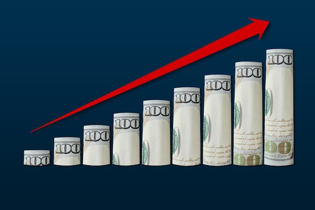 Notas de dólar enroladas em um gráfico ascendente com uma seta vermelha para cima. Conceito de sucesso empresarial