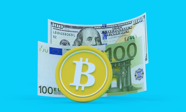 Notas de euro e dólar com bitcoin.