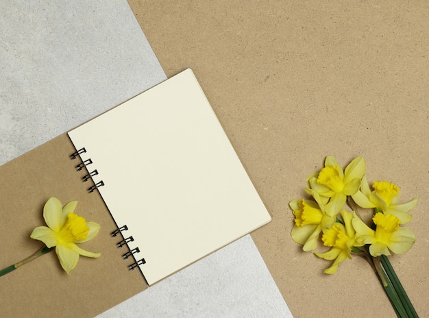 Notas de papel ofício, flores amarelas em pedra e mesa de madeira