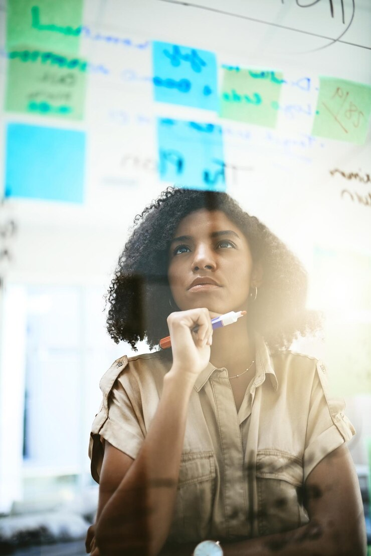 Foto notas de pensamento e mulher de negócios na placa com planejamento solução criativa e escrita pesquisa de empregados e resolução de problemas com ideia e moodboard para processo de projeto e agenda no escritório