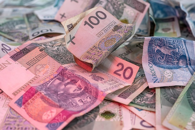 Notas de zloty polonesas Moeda PLN papel-moeda Conceito de finanças