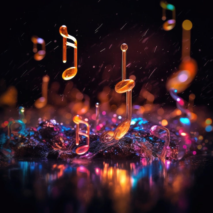 Foto notas musicais brilhantes em fundo com bokeh