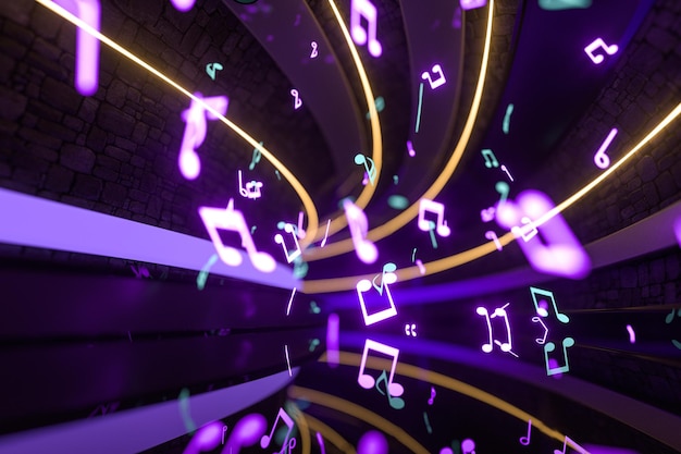 Notas musicais com renderização 3d de notas flutuantes de fundo escuro