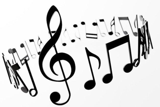 Notas musicais e símbolos com curvas e redemoinhos em um fundo branco sob ilustração 3D de cor clara