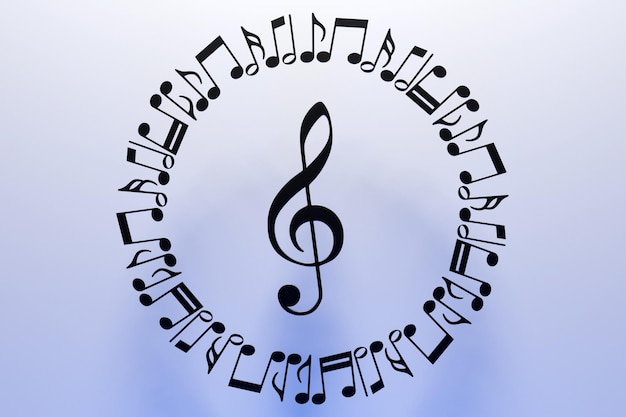 Notas musicais e símbolos com curvas e redemoinhos em uma ilustração 3D de fundo branco