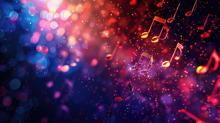 Foto notas musicales brillantes con luces bokeh de colores en el fondo