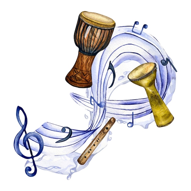 Notas musicales de clave de sol e ilustración de acuarela de conga en blanco