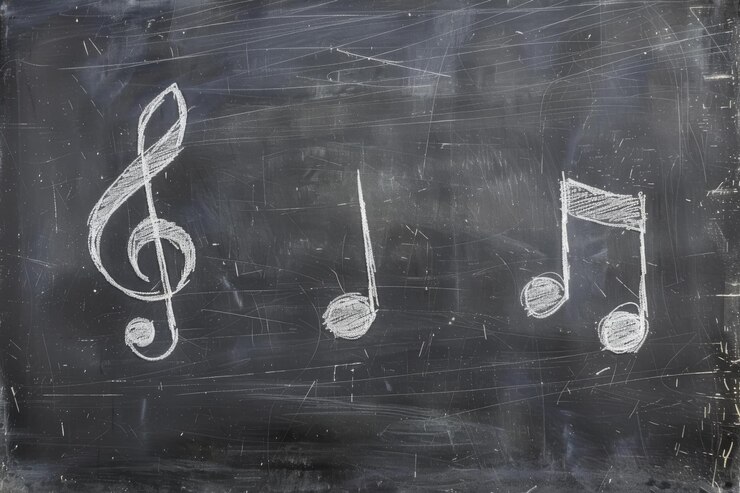 Notas musicales dibujadas con tiza en un fondo de pizarra con textura que simbolizan la creatividad y la educación en la música