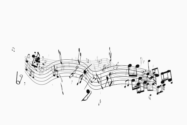 Notas musicales negras con renderizado 3d de fondo blanco