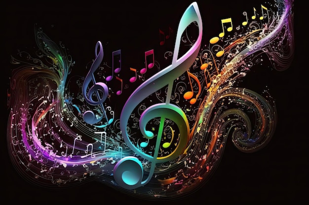 Notas musicales que fluyen en muchas ondas colores brillantes que brillan intensamente AI generativo AIG15