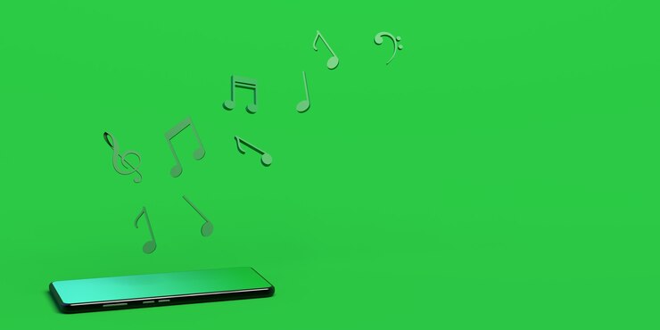 Foto notas musicales que salen del teléfono inteligente música en la nube copia espacio ilustración 3d