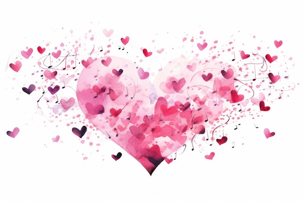Foto notas musicales en rosa sobre el tema del amor día de san valentín ilustración en acuarela con fondo blanco
