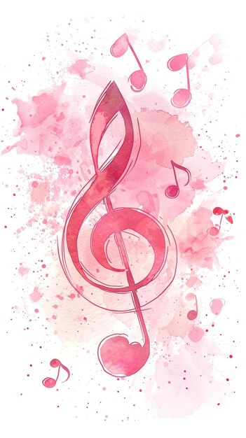 Notas musicales en rosa sobre el tema del amor Día de San Valentín Ilustración en acuarela Con fondo blanco