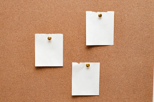 Las notas de papel en blanco se clavan en un tablero de corcho. Copie el espacio.