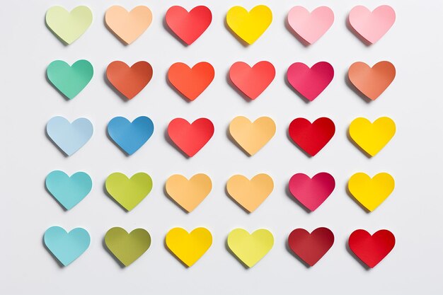 Foto notas pegajosas de colores dispuestas en forma de corazón sobre un fondo blanco