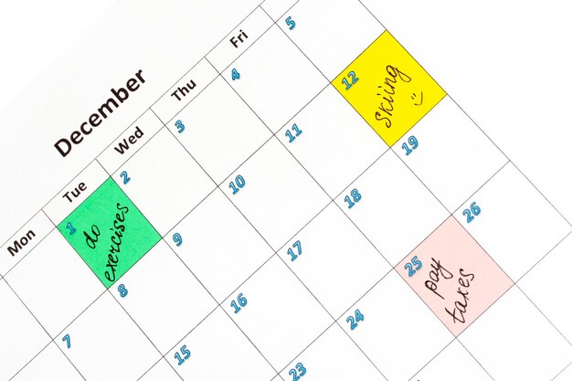 Foto notas sobre el primer plano del calendario