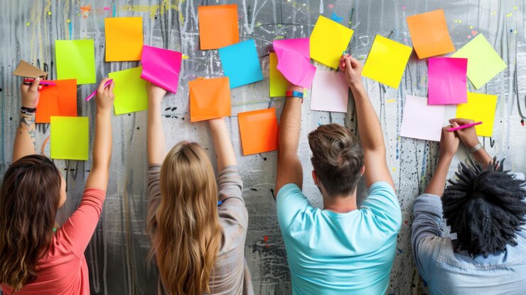 Las notas son coloridas y tienen varias palabras y frases escritas en ellas