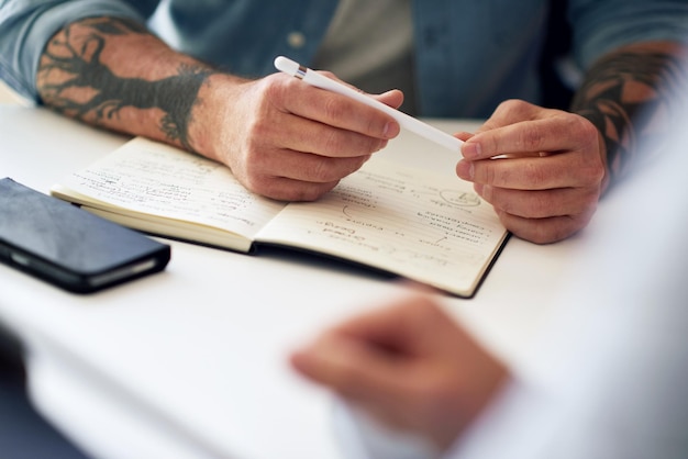 Notebook-Meeting und Innovationsplanung mit den Händen eines Mannes, der während einer Diskussion mit Kollegen Notizen schreibt Nahaufnahme eines Geschäftsmannes, der an einer kreativen Geschäftsstrategie in einer Unternehmenszentrale arbeitet