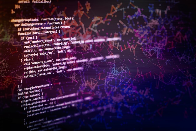 Notebook-Nahaufnahmefoto. CSS-, JavaScript- und HTML-Nutzung. Überwachen Sie die Nahaufnahme des Funktionsquellcodes. Abstrakter IT-Technologiehintergrund. Quellcode der Software.