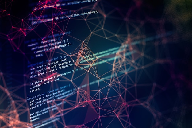 Notebook-Nahaufnahmefoto. CSS-, JavaScript- und HTML-Nutzung. Überwachen Sie die Nahaufnahme des Funktionsquellcodes. Abstrakter IT-Technologiehintergrund. Quellcode der Software.