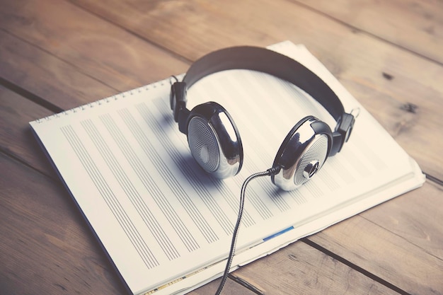 Notebook und Kopfhörer auf dem Holztisch